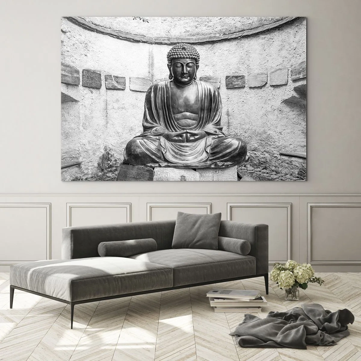 Schilderen op glas - Zwart-wit Boeddhabeeld in meditatieve houding - 70x50cm - Aan de bron van vrede - Moderne wanddecoratie voor woonkamer en slaapkamer ARTTOR