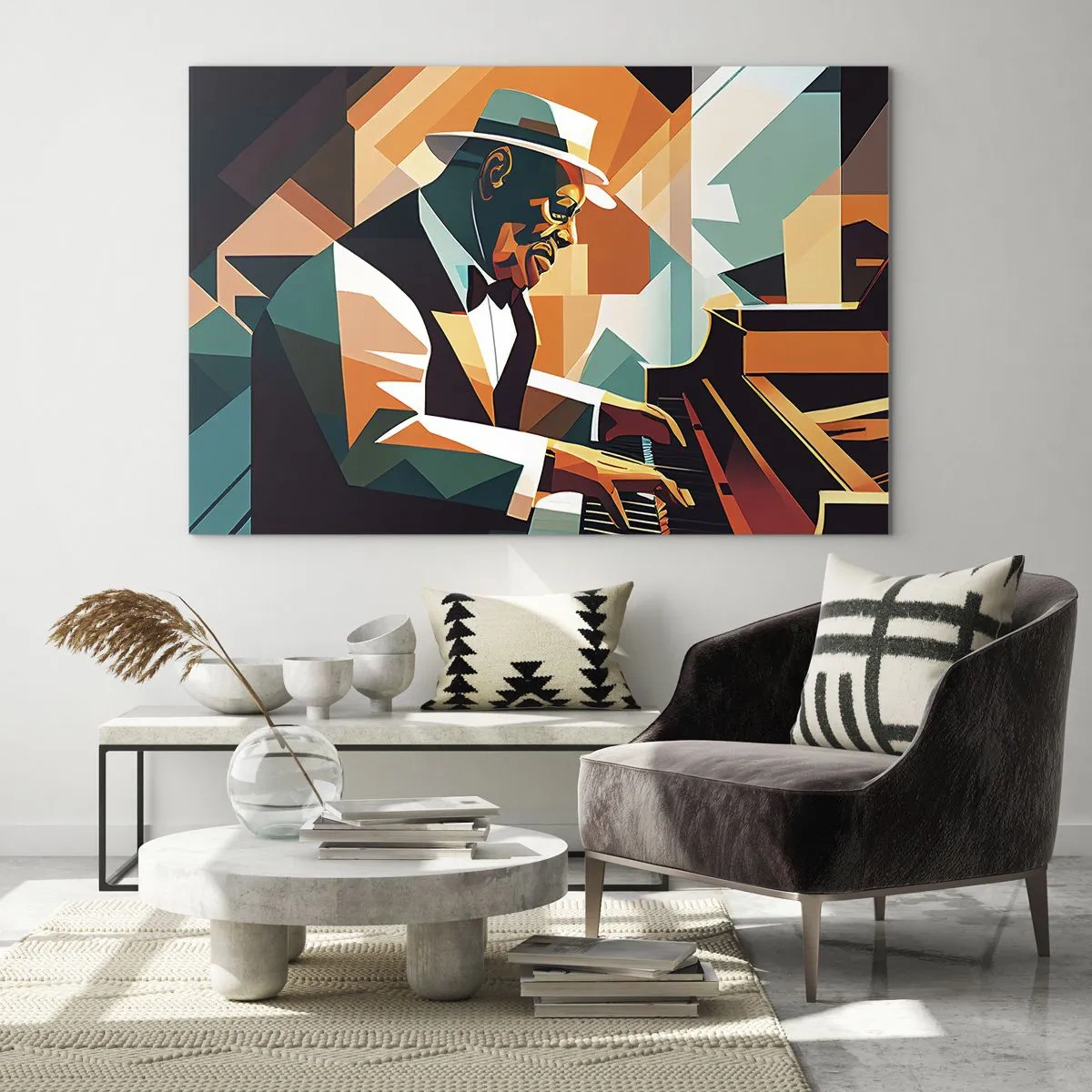 Schilderen op glas - Een kleurrijk portret van een jazzpianist - 70x50cm - Al die jazz - Moderne wanddecoratie voor woonkamer en slaapkamer ARTTOR