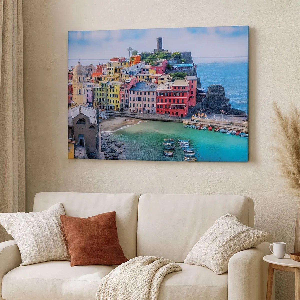 Schilderen op canvas - Een kleurrijk kustplaatsje met een pittoreske haven - 70x50cm - Mediterrane magische stad - Moderne wanddecoratie voor woonkamer en slaapkamer ARTTOR