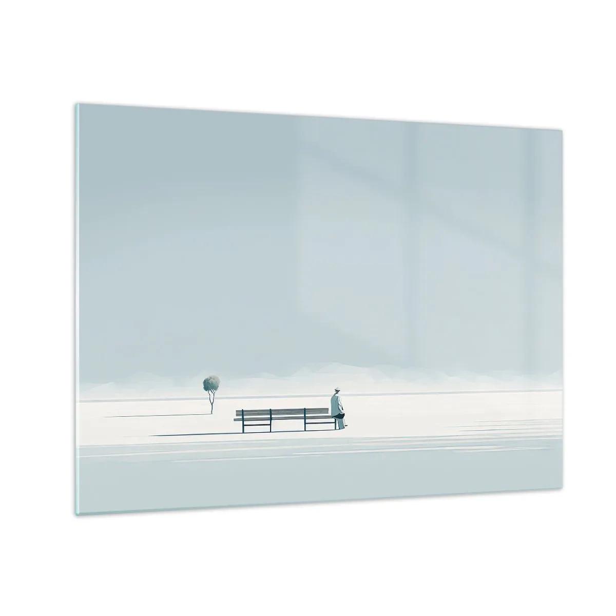 Schilderen op glas - Een figuur op een bankje in een minimalistisch landschap - 70x50cm - Ja, ik wacht. - Moderne wanddecoratie voor woonkamer en slaapkamer ARTTOR