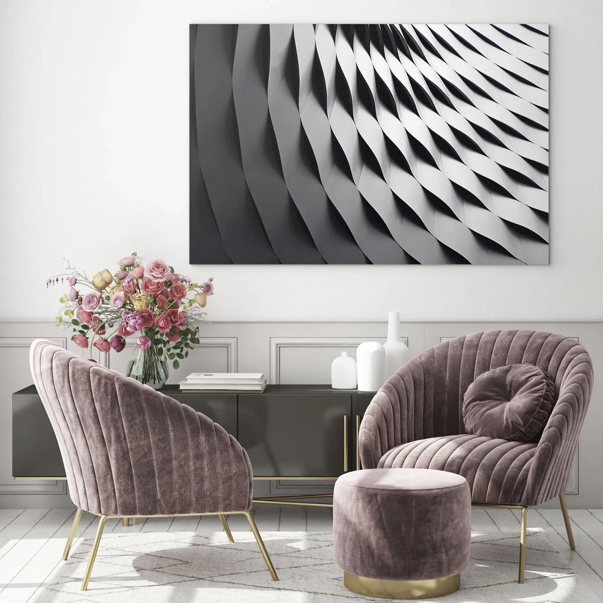 Schilderen op glas - Een abstracte zwart-witte structuur die lijkt op golvende vormen. - 70x50cm - Aan de oppervlakte van de golven - Moderne wanddecoratie voor woonkamer en slaapkamer ARTTOR