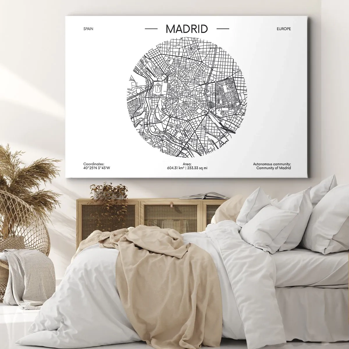 Schilderen op canvas - Kaart van Madrid in minimalistische zwart-witstijl - 70x50cm - Anatomie van Madrid - Moderne wanddecoratie voor woonkamer en slaapkamer ARTTOR