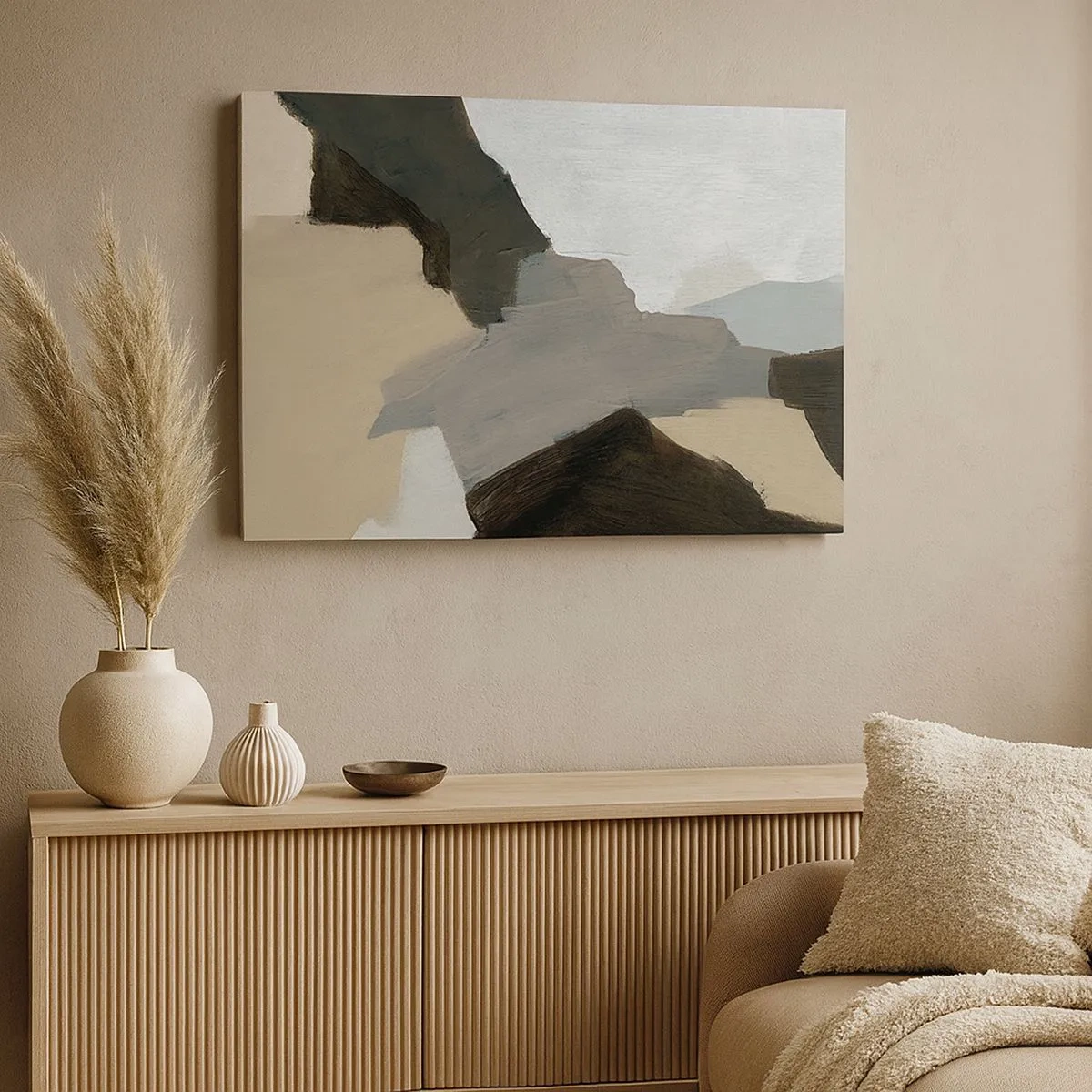 Schilderen op canvas - Abstracte vormen in tinten beige, bruin en grijs - 70x50cm - Abstractie: het kruispunt van grijs - Moderne wanddecoratie voor woonkamer en slaapkamer ARTTOR