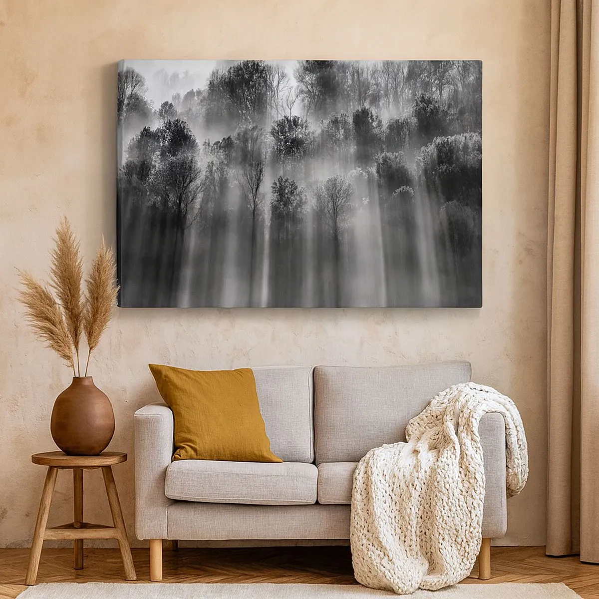 Schilderen op canvas - Zwart-wit bos in het ochtendlicht - 70x50cm - In stromen van licht - Moderne wanddecoratie voor woonkamer en slaapkamer ARTTOR