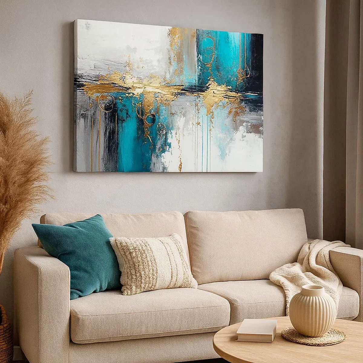 Schilderen op canvas - Een abstracte compositie met turquoise en gouden accenten. - 70x50cm - Alles vloeit - Moderne wanddecoratie voor woonkamer en slaapkamer ARTTOR