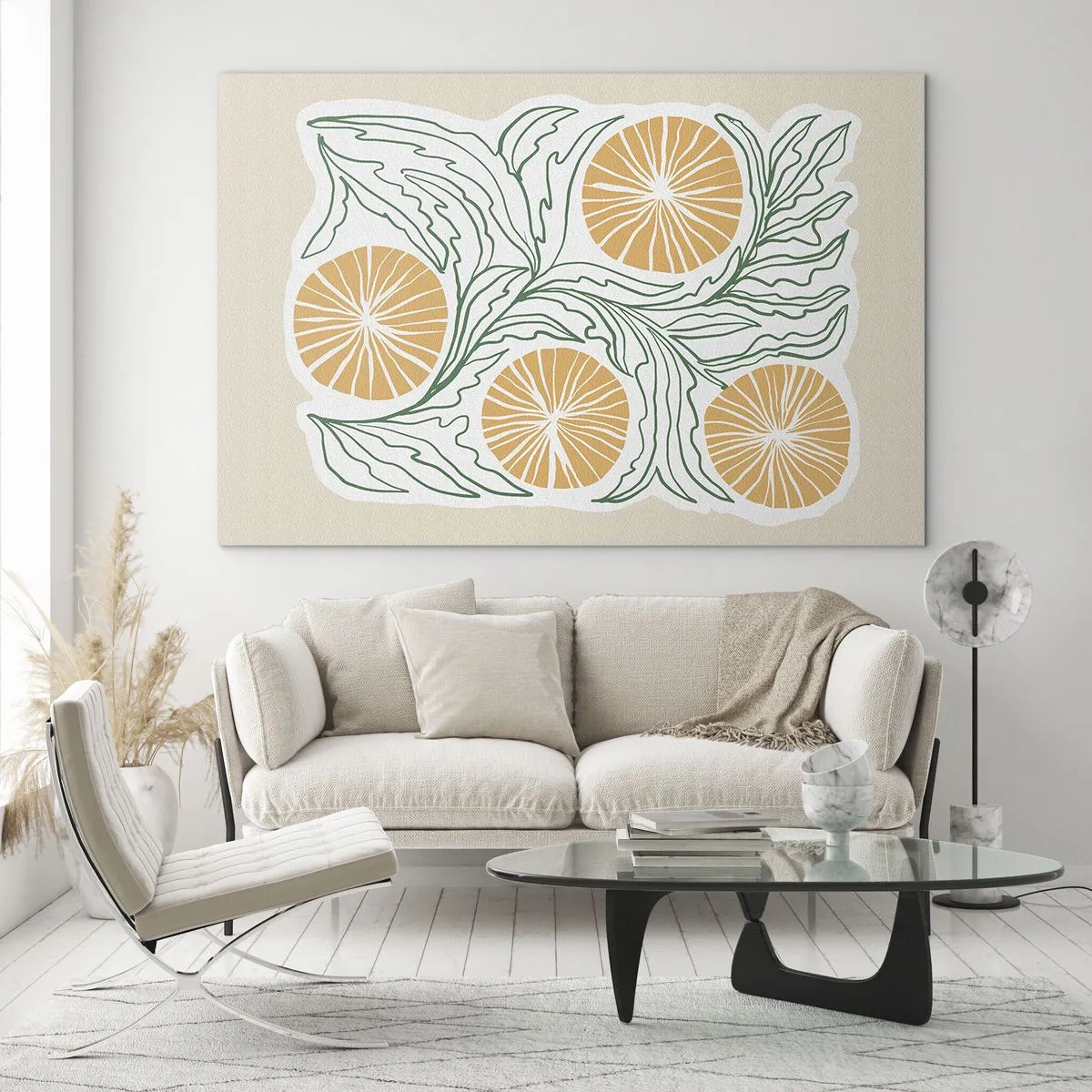 Schilderen op glas - Oranje vruchten en groene bladeren in een grafische compositie - 70x50cm - Etnisch met een vleugje abstractie - Moderne wanddecoratie voor woonkamer en slaapkamer ARTTOR
