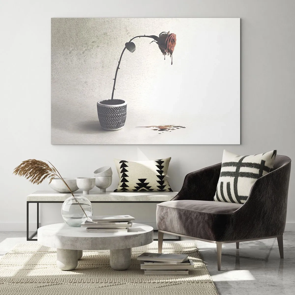 Schilderen op glas - Een symbolische roos in een pot met druipende verf - 70x50cm - Rosa dolorosa - Moderne wanddecoratie voor woonkamer en slaapkamer ARTTOR