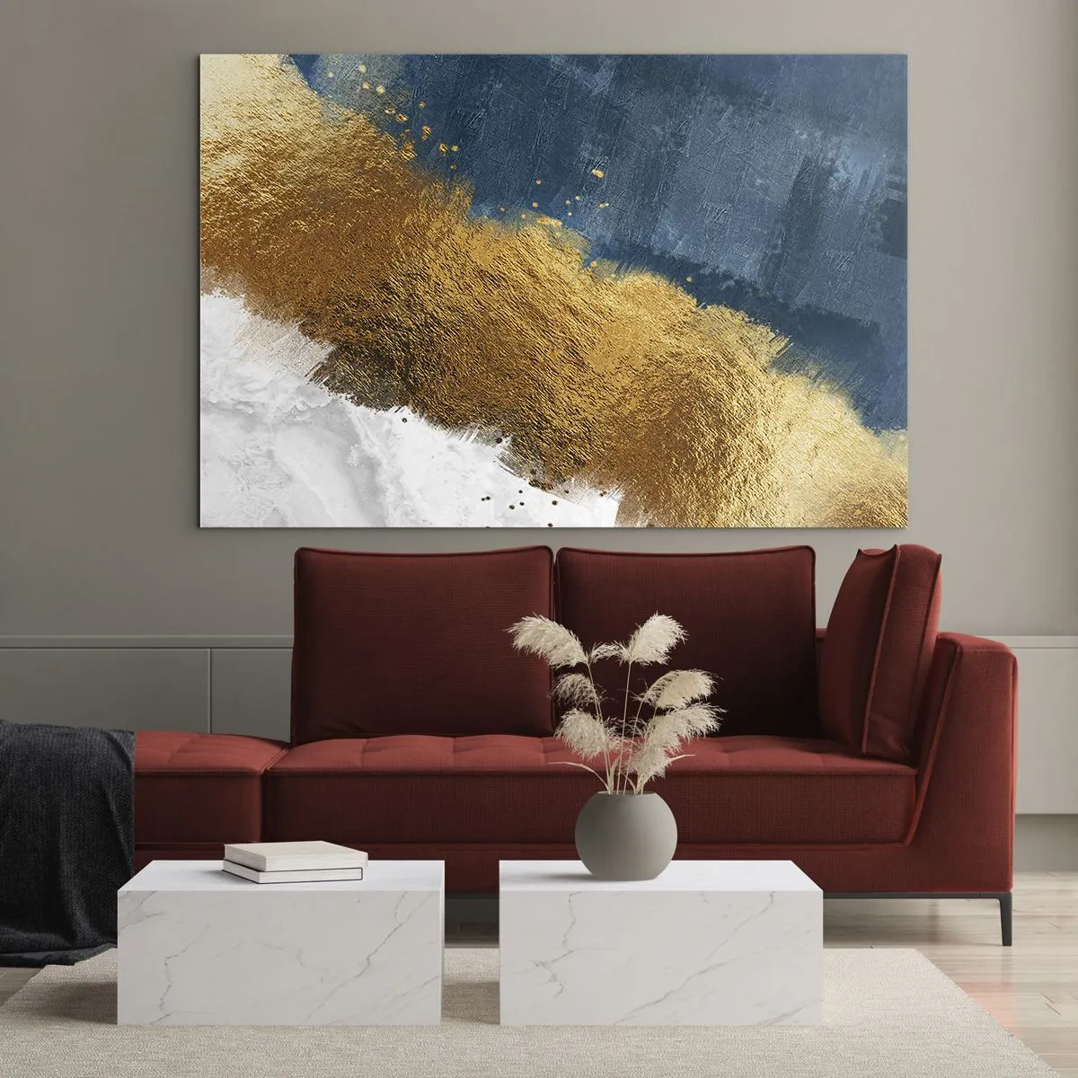 Schilderen op glas - Gouden verfstreken op een marineblauwe en witte achtergrond - 70x50cm - De kleuren van de zomer - Moderne wanddecoratie voor woonkamer en slaapkamer ARTTOR