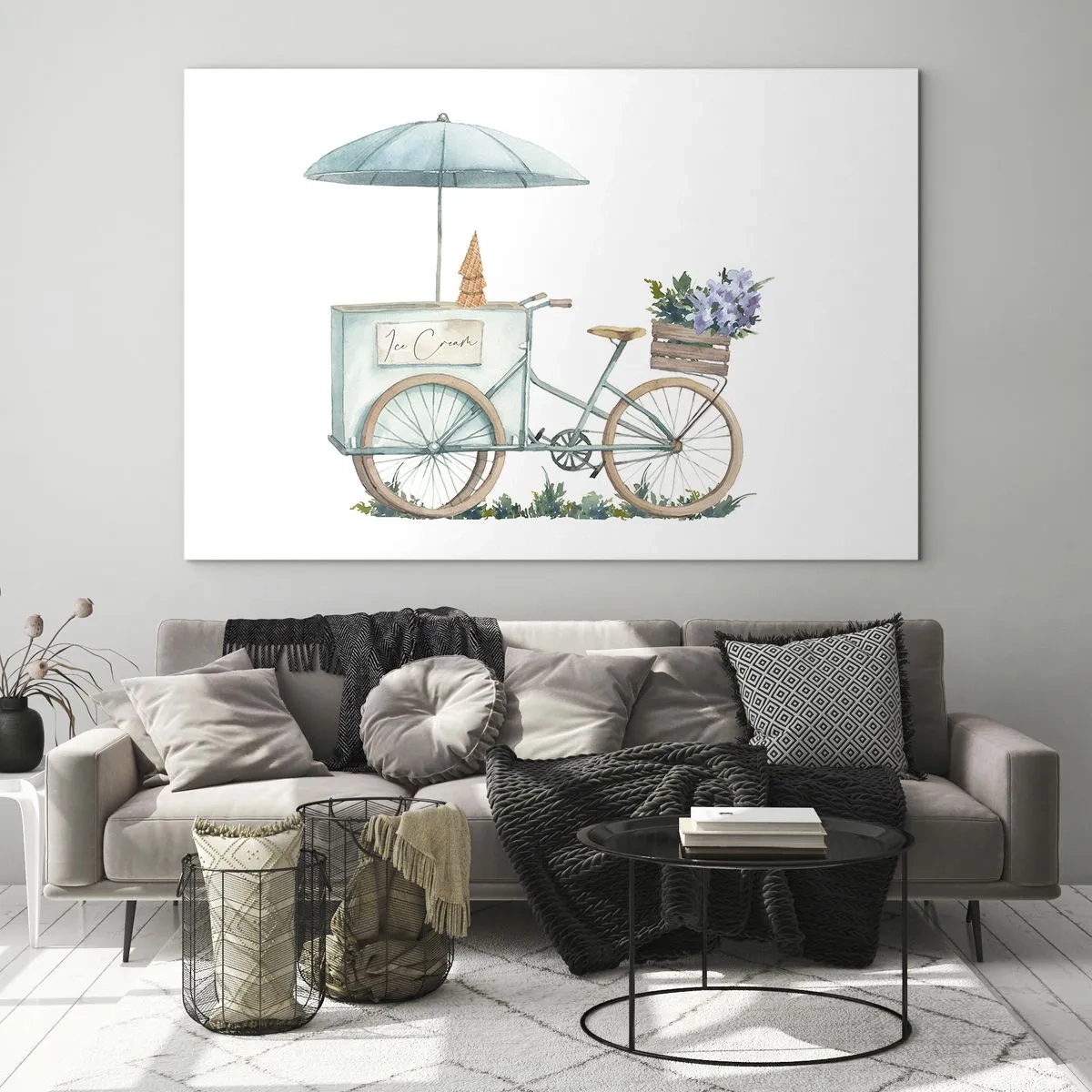 Schilderen op glas - Een fiets met ijs en pastelkleurige bloemen - 70x50cm - Zoete herinnering aan de zomer - Moderne wanddecoratie voor woonkamer en slaapkamer ARTTOR