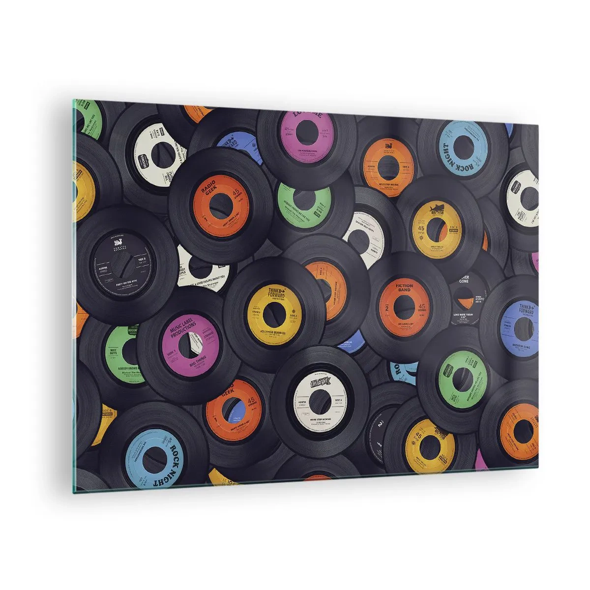 Schilderen op glas - Kleurrijke vinylplaten op een zwarte achtergrond - 70x50cm - De kleuren van de klassiekers - Moderne wanddecoratie voor woonkamer en slaapkamer ARTTOR