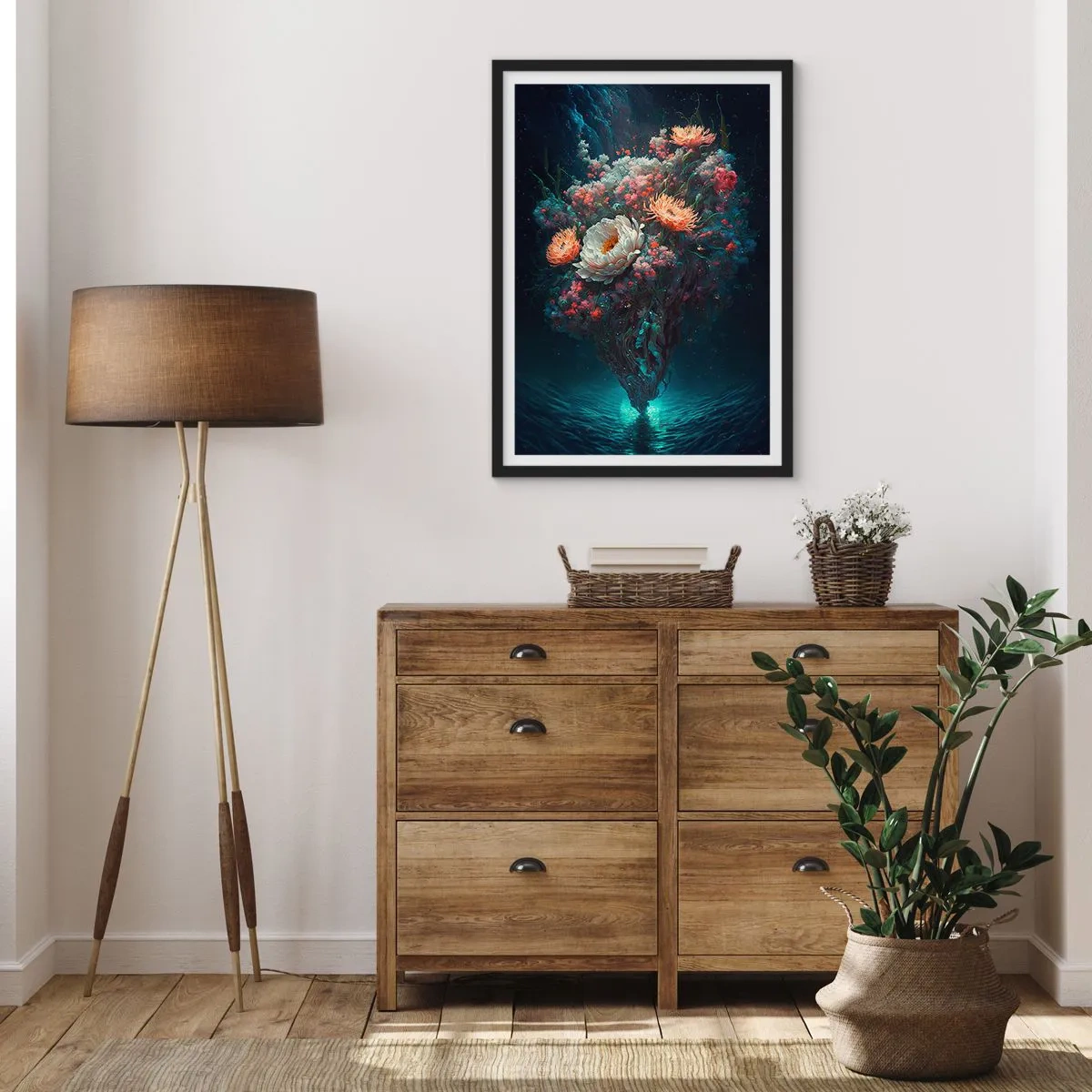 Poster in een zwarte lijst - Een magisch arrangement van bloemen die boven het water zweven - 50x70cm - Een vreemde tuin - Moderne wanddecoratie voor woonkamer en slaapkamer ARTTOR