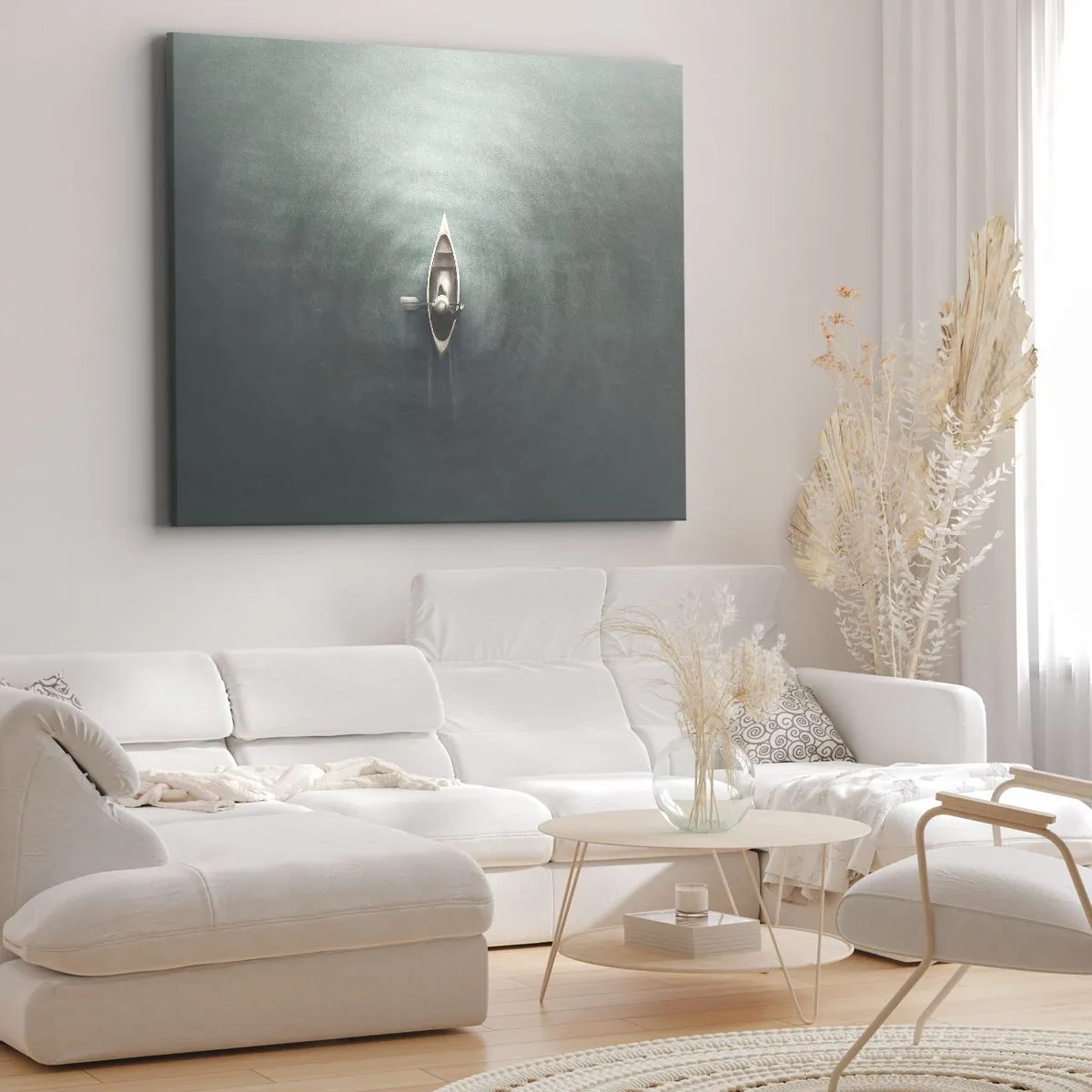 Schilderen op canvas - Een eenzame boot op kalm water in een minimalistische setting - 70x50cm - Door het maanmeer - Moderne wanddecoratie voor woonkamer en slaapkamer ARTTOR