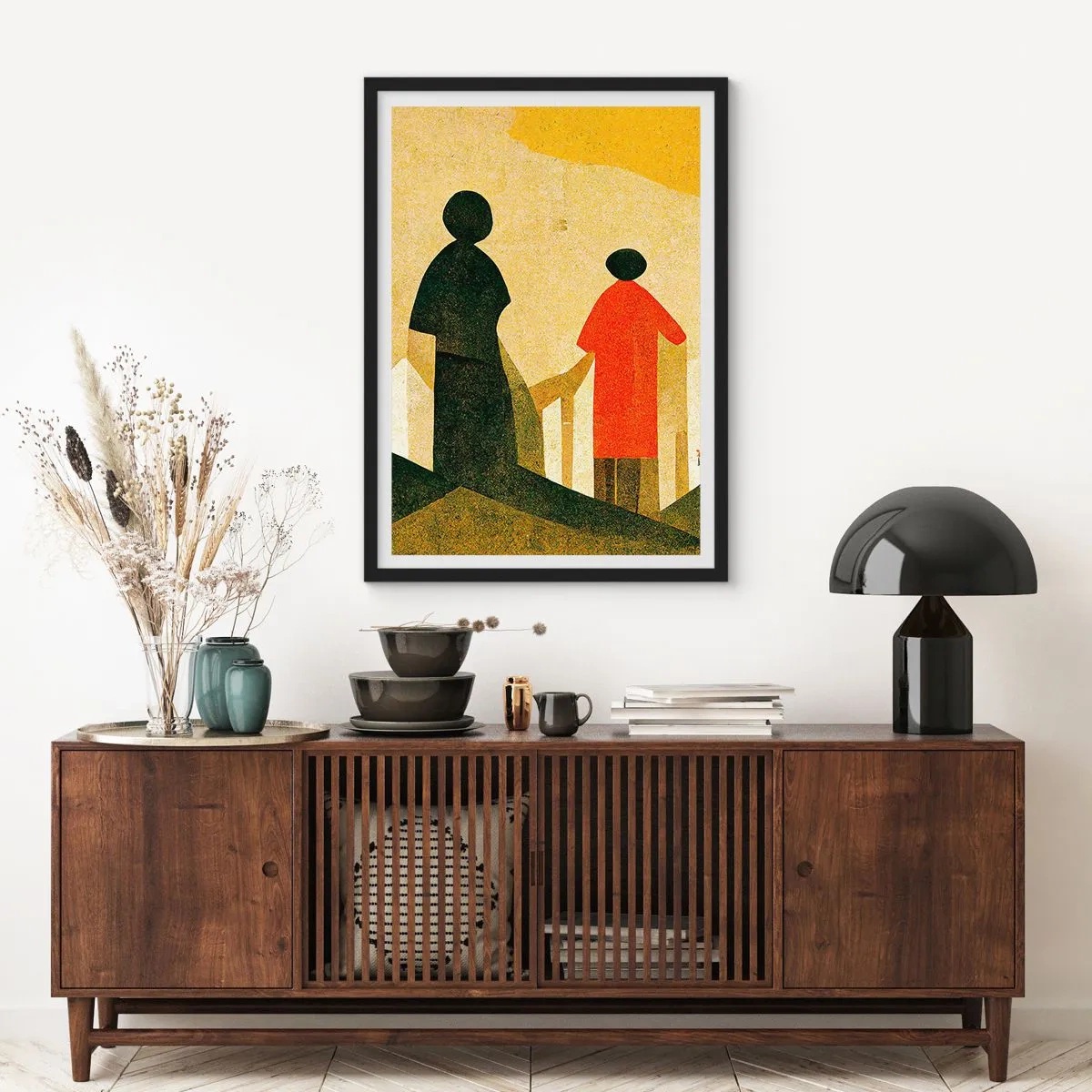 Poster in een zwarte lijst - Geometrische silhouetten van figuren tegen de achtergrond van een abstract landschap - 50x70cm - Er is nog een lange weg te gaan - Moderne wanddecoratie voor woonkamer en slaapkamer ARTTOR