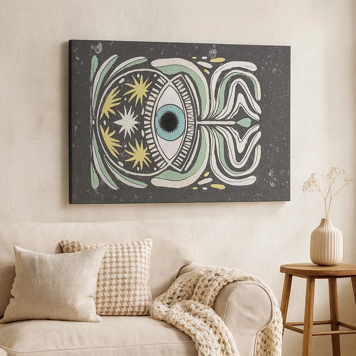 Schilderen op canvas - Een symbolisch oog omgeven door abstracte patronen - 70x50cm - Tribale rituelen - Moderne wanddecoratie voor woonkamer en slaapkamer ARTTOR
