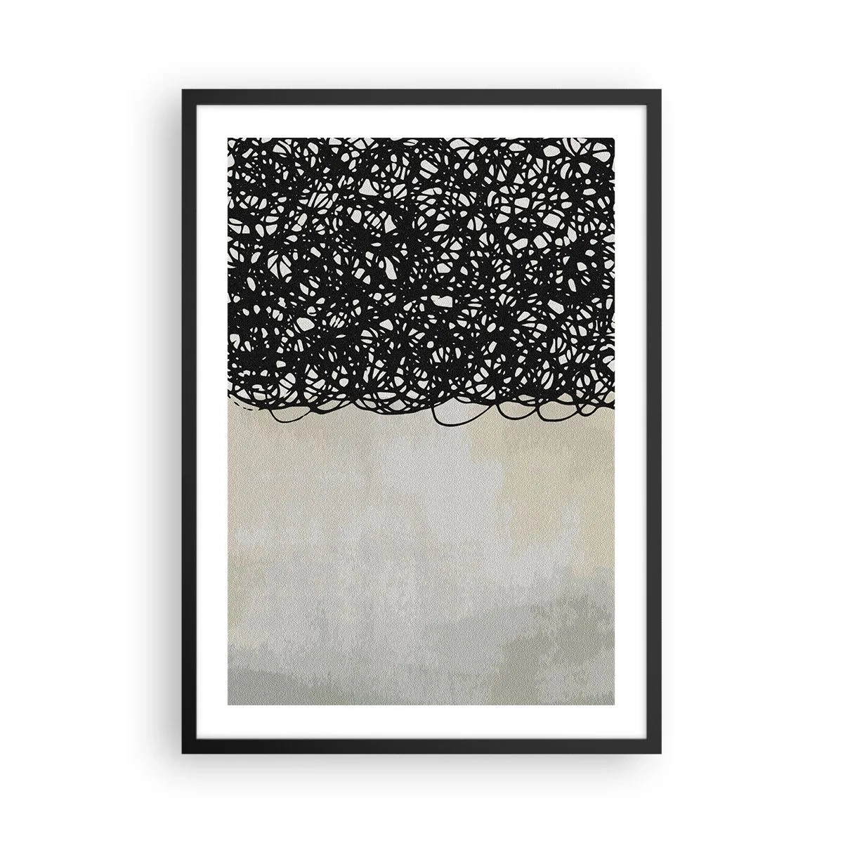 Poster in een zwarte lijst - Abstracte compositie met zwarte lijnen op een lichte achtergrond - 50x70cm - Turbulente abstractie - Moderne wanddecoratie voor woonkamer en slaapkamer ARTTOR