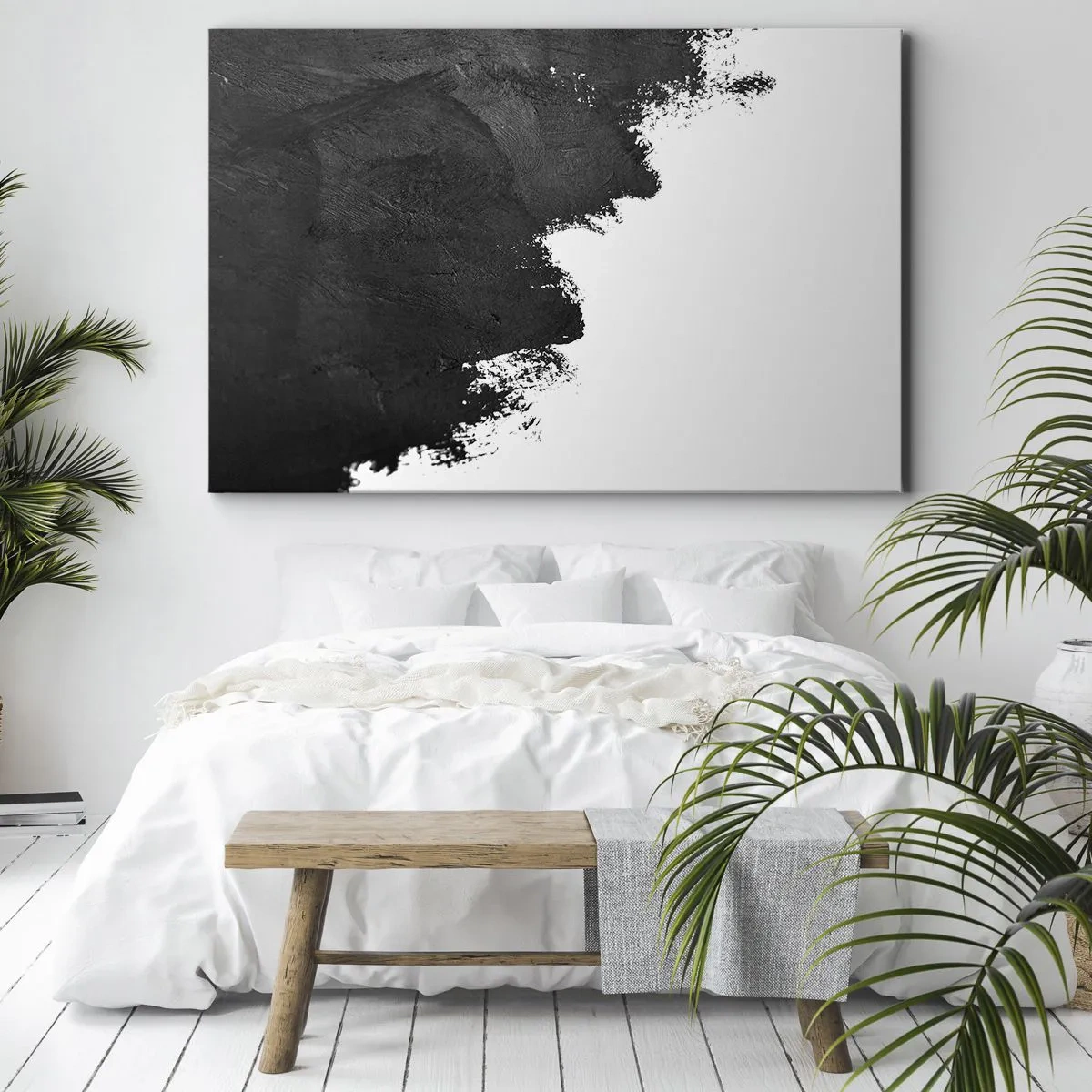 Schilderen op canvas - Zwart-wit abstractie met contrasterende penseelstreken - 70x50cm - Elementen: aarde - Moderne wanddecoratie voor woonkamer en slaapkamer ARTTOR