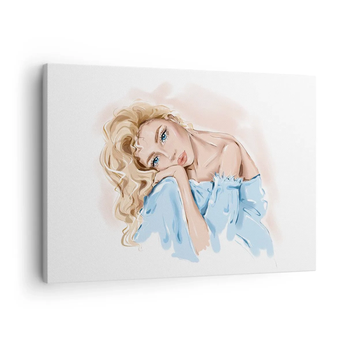 Schilderen op canvas - Portret van een vrouw in een blauwe jurk met blond haar - 70x50cm - Dromerig in het blauw - Moderne wanddecoratie voor woonkamer en slaapkamer ARTTOR