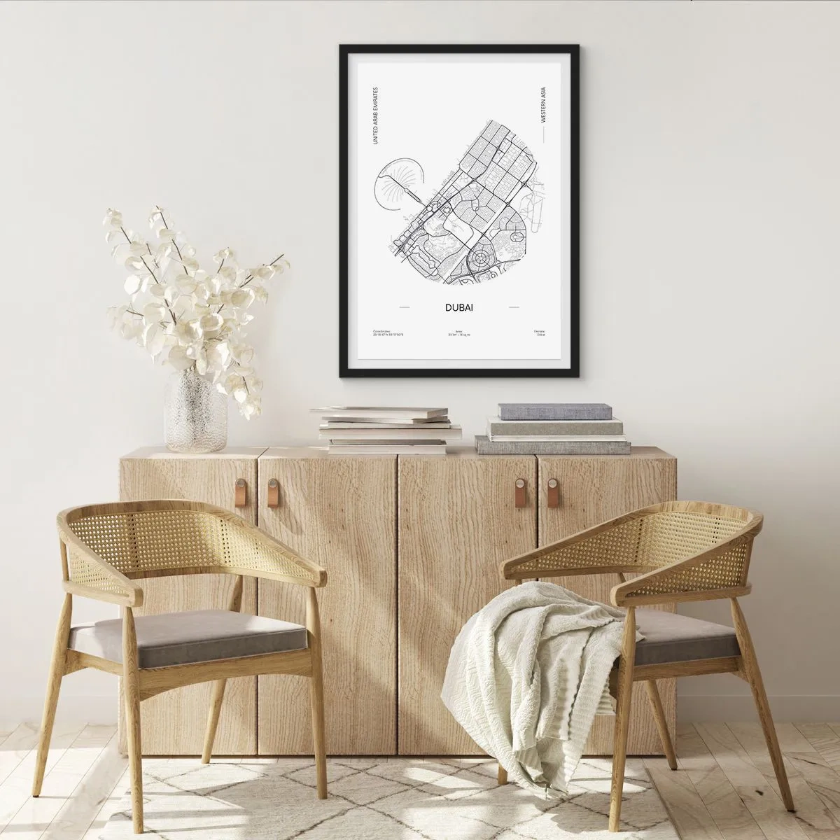 Poster in een zwarte lijst - Minimalistische zwart-witkaart van Dubai - 50x70cm - Anatomie van Dubai - Moderne wanddecoratie voor woonkamer en slaapkamer ARTTOR
