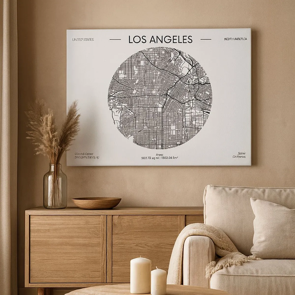 Schilderen op canvas - Een kaart van Los Angeles in minimalistische zwart-witstijl - 70x50cm - Anatomie van Los Angeles - Moderne wanddecoratie voor woonkamer en slaapkamer ARTTOR