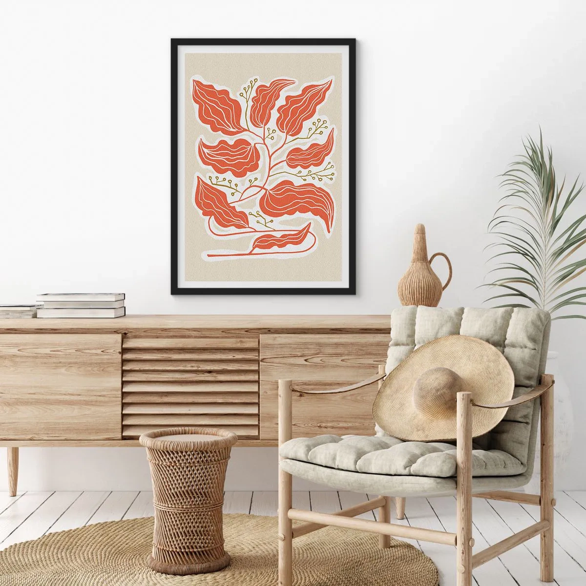 Poster in een zwarte lijst - Een abstracte compositie van bladeren in tinten oranje en beige. - 50x70cm - Folk en koraal - Moderne wanddecoratie voor woonkamer en slaapkamer ARTTOR