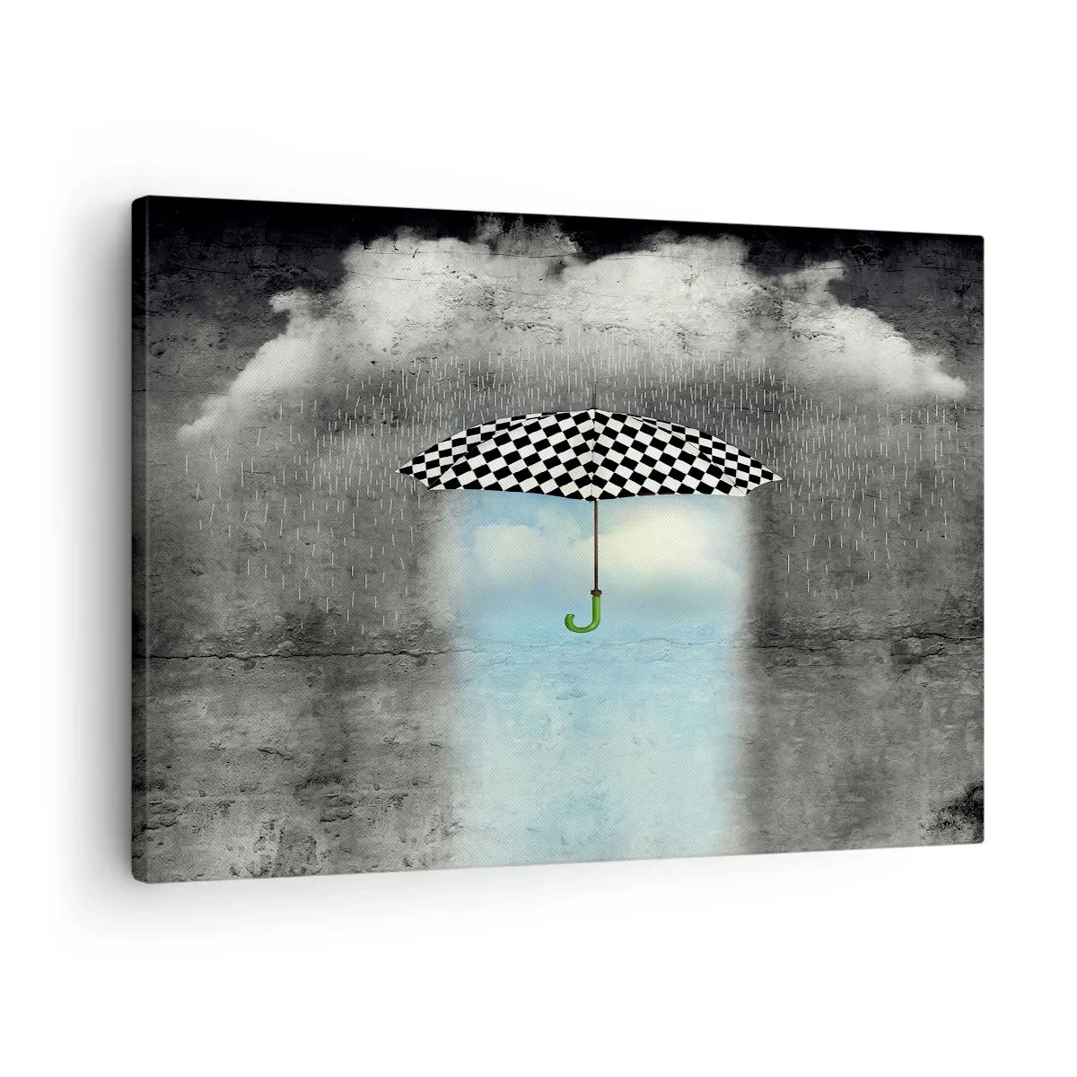 Schilderen op canvas - Een geruite paraplu boven een regenachtig landschap - 70x50cm - Toch mogelijk - Moderne wanddecoratie voor woonkamer en slaapkamer ARTTOR