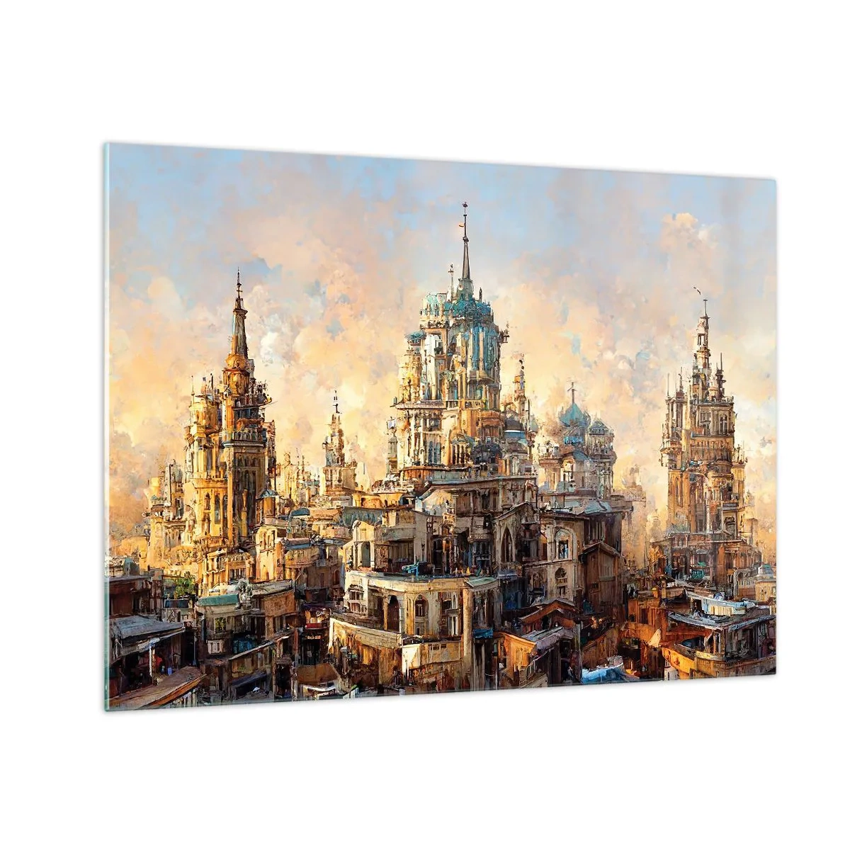 Schilderen op glas - Een fantastisch panorama van de stad met torens en paleizen - 70x50cm - Stad der steden - Moderne wanddecoratie voor woonkamer en slaapkamer ARTTOR