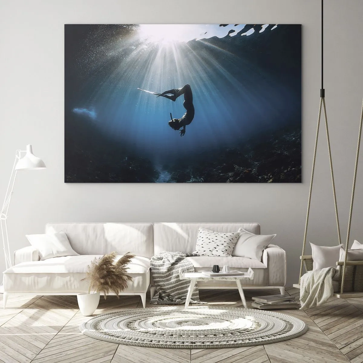 Schilderen op glas - Een duiker die onder water beweegt in de lichtstralen - 70x50cm - onderwaterdans - Moderne wanddecoratie voor woonkamer en slaapkamer ARTTOR