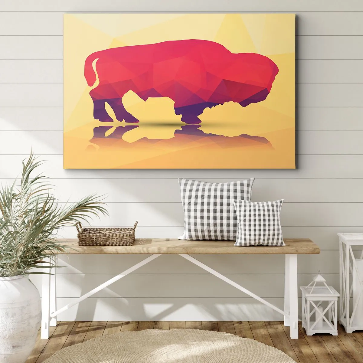 Schilderen op canvas - Geometrisch silhouet van een bizon in tinten rood en paars - 70x50cm - De amarantkracht van de bizon - Moderne wanddecoratie voor woonkamer en slaapkamer ARTTOR