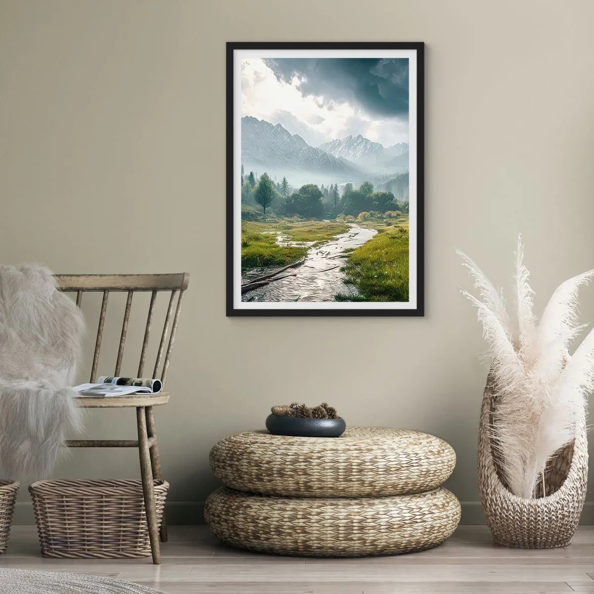 Poster in een zwarte lijst - Een bergvallei met een rivier en majestueuze bergen op de achtergrond - 50x70cm - Daarheen en terug - Moderne wanddecoratie voor woonkamer en slaapkamer ARTTOR