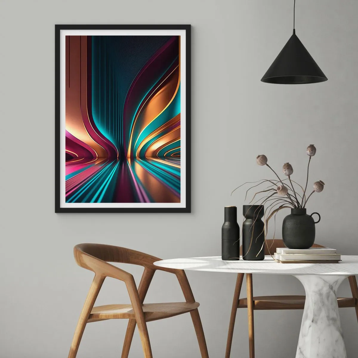 Poster in een zwarte lijst - Futuristische abstractie in goud- en turquoisekleuren - 50x70cm - Architectuur van licht - Moderne wanddecoratie voor woonkamer en slaapkamer ARTTOR