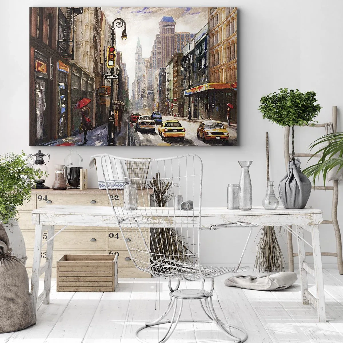 Schilderen op canvas - Stadsgezicht met een straat en gele taxi's - 70x50cm - New York - ook kleurrijk in de regen - Moderne wanddecoratie voor woonkamer en slaapkamer ARTTOR