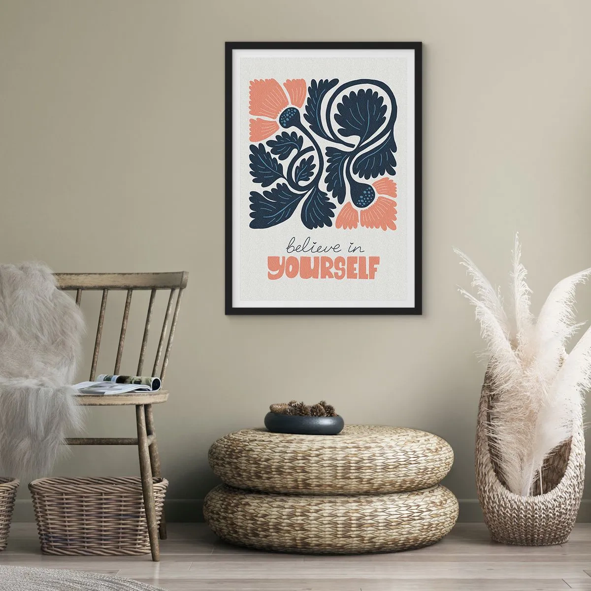 Poster in een zwarte lijst - Gestileerde bloemen in marineblauw en roze met een inspirerende inscriptie - 50x70cm - En jij bloeit ook - Moderne wanddecoratie voor woonkamer en slaapkamer ARTTOR