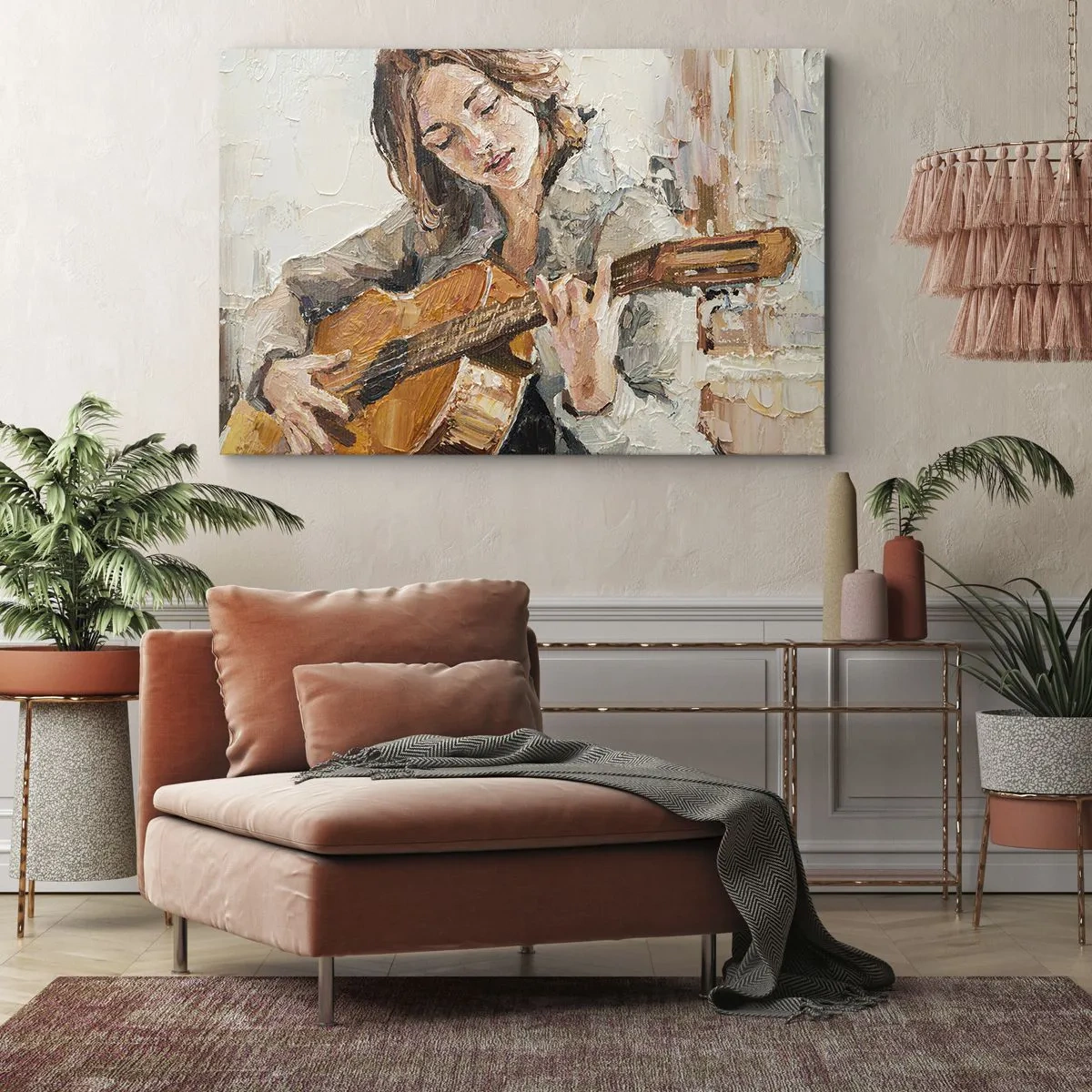 Schilderen op canvas - Portret van een meisje dat gitaar speelt, geschilderd in schilderachtige stijl met warme kleuren. - 70x50cm - Concerto voor gitaar en een meisjeshart - Moderne wanddecoratie voor woonkamer en slaapkamer ARTTOR