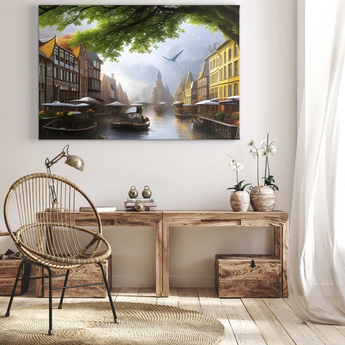 Schilderen op canvas - Een schilderachtig Hollands landschap met een kanaal en huurkazernes - 70x50cm - Hollands stadsbeeld - Moderne wanddecoratie voor woonkamer en slaapkamer ARTTOR