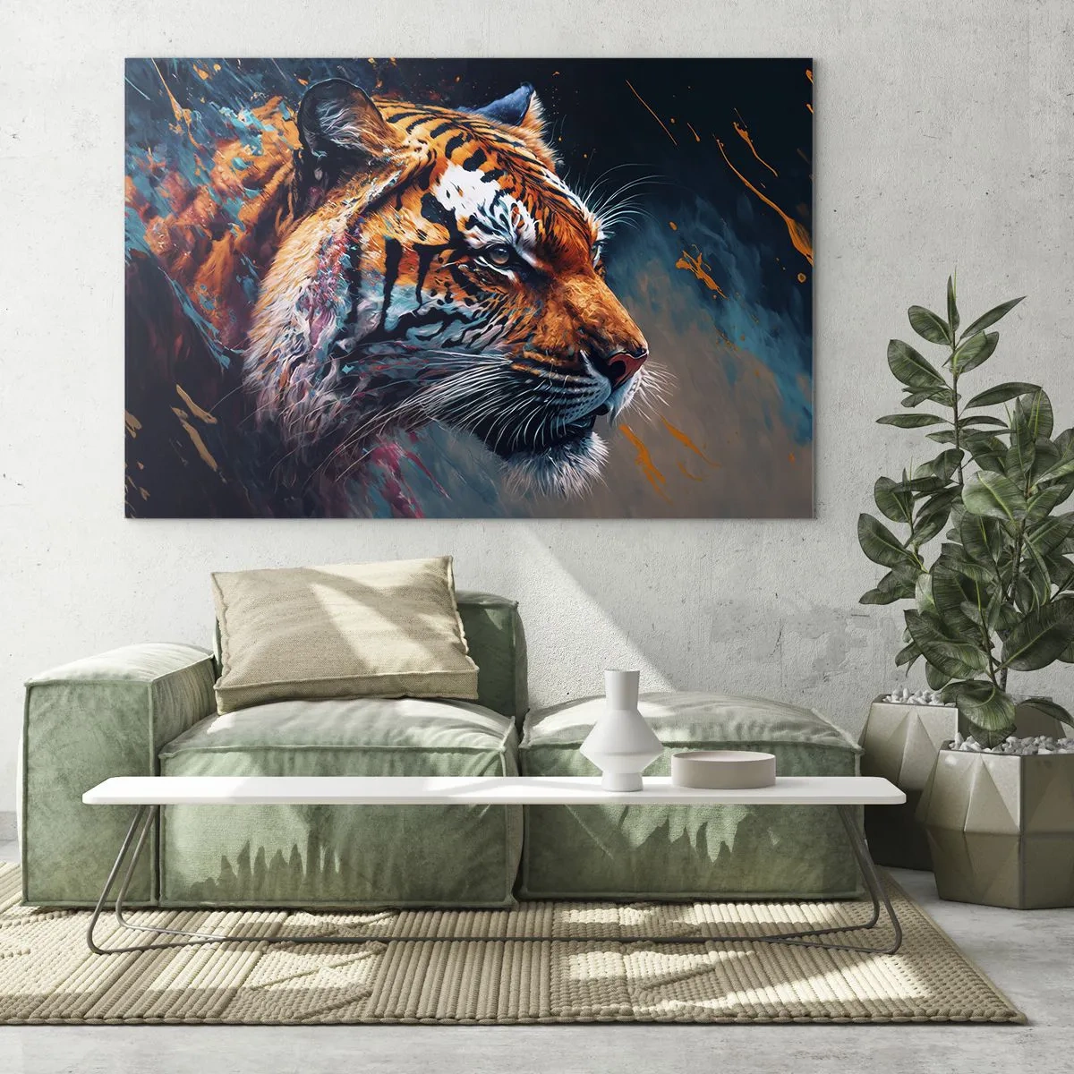 Schilderen op glas - Portret van een tijger in een artistieke explosie van kleuren - 70x50cm - Wilde schoonheid - Moderne wanddecoratie voor woonkamer en slaapkamer ARTTOR