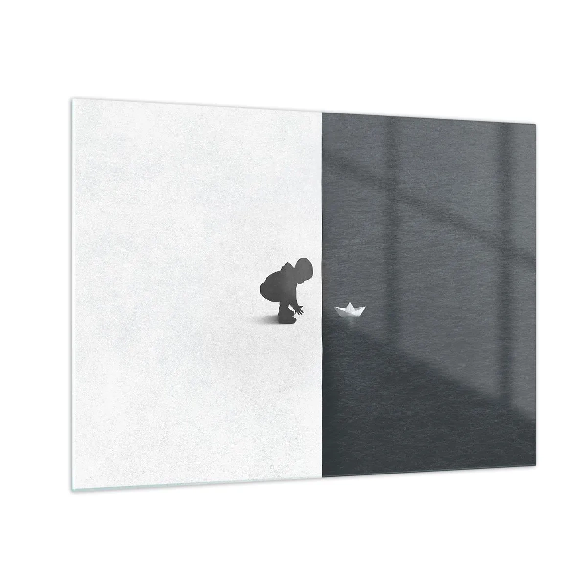 Schilderen op glas - Silhouet van een kind dat een papieren bootje in het water gooit - 70x50cm - Geweldige expeditie - Moderne wanddecoratie voor woonkamer en slaapkamer ARTTOR