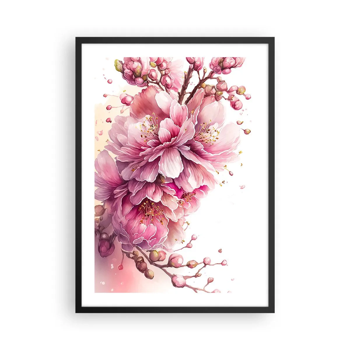Poster in een zwarte lijst - Tedere roze kersenbloesems in volle bloei tegen een lichte achtergrond - 50x70cm - Kersenbloesem - Moderne wanddecoratie voor woonkamer en slaapkamer ARTTOR