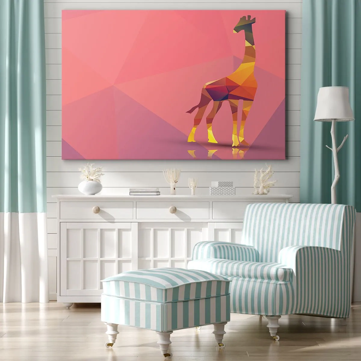 Schilderen op canvas - Geometrisch girafsilhouet in pasteltinten roze en geel - 70x50cm - In de kleuren van de savanne - Moderne wanddecoratie voor woonkamer en slaapkamer ARTTOR