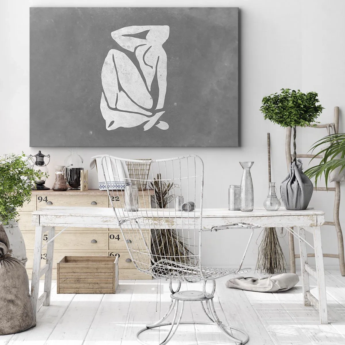 Schilderen op canvas - Een minimalistische silhouettekening op een grijze achtergrond - 70x50cm - In reflectie - Moderne wanddecoratie voor woonkamer en slaapkamer ARTTOR