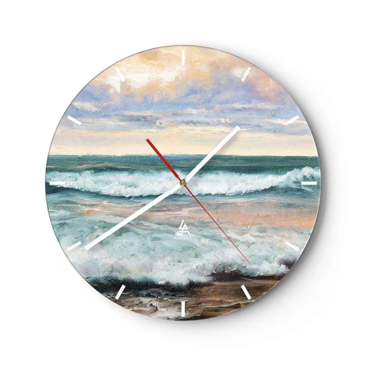 Wandklok - Klok - Zee golven tegen een pastelkleurige lucht in een schilderachtige stijl - 30x30cm - Hier maak je je ziel glad - Moderne wanddecoratie voor woonkamer, keuken en slaapkamer ARTTOR