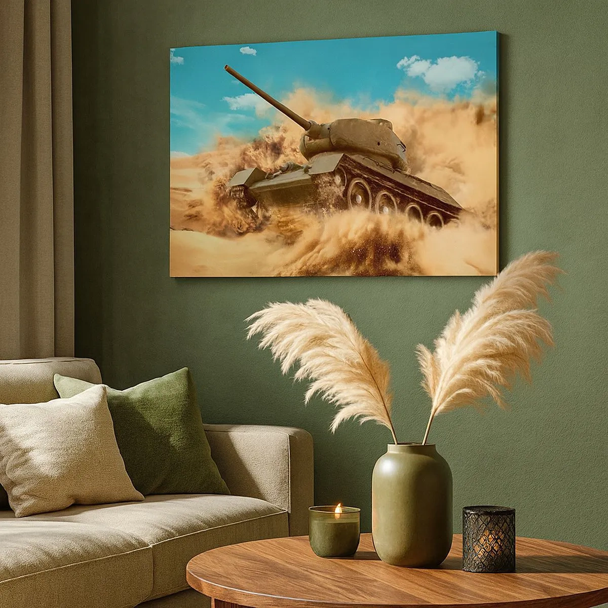 Schilderen op canvas - Een tank in actie in de woestijn, omgeven door zandstof. - 70x50cm - Niet te verslaan - Moderne wanddecoratie voor woonkamer en slaapkamer ARTTOR
