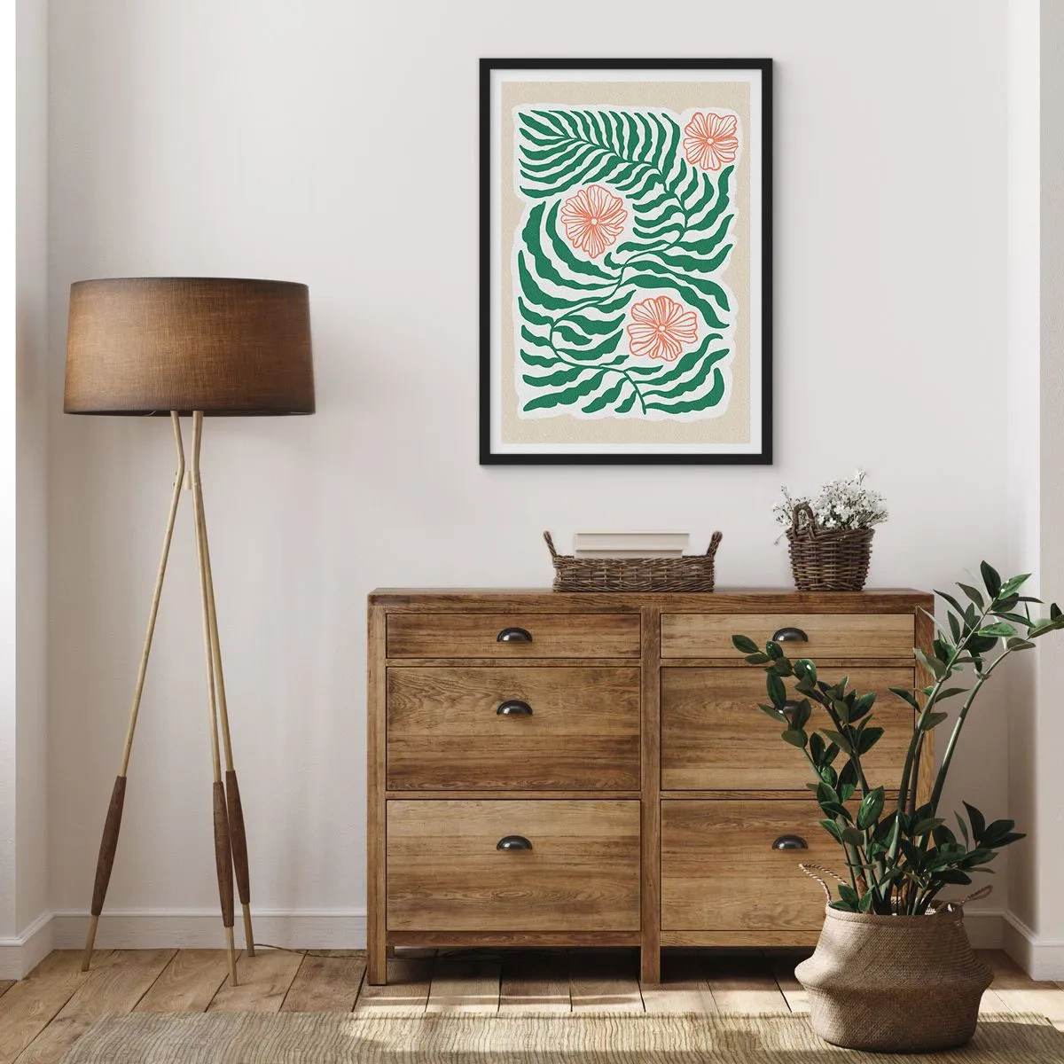 Poster in een zwarte lijst - Abstracte afbeelding van bladeren en bloemen op een beige achtergrond - 50x70cm - Bloeiend in het groen - Moderne wanddecoratie voor woonkamer en slaapkamer ARTTOR