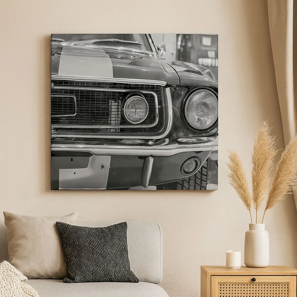 Schilderen op canvas - Zwart-witte klassieke automotorkap - 70x50cm - Hard rijden - Moderne wanddecoratie voor woonkamer en slaapkamer ARTTOR