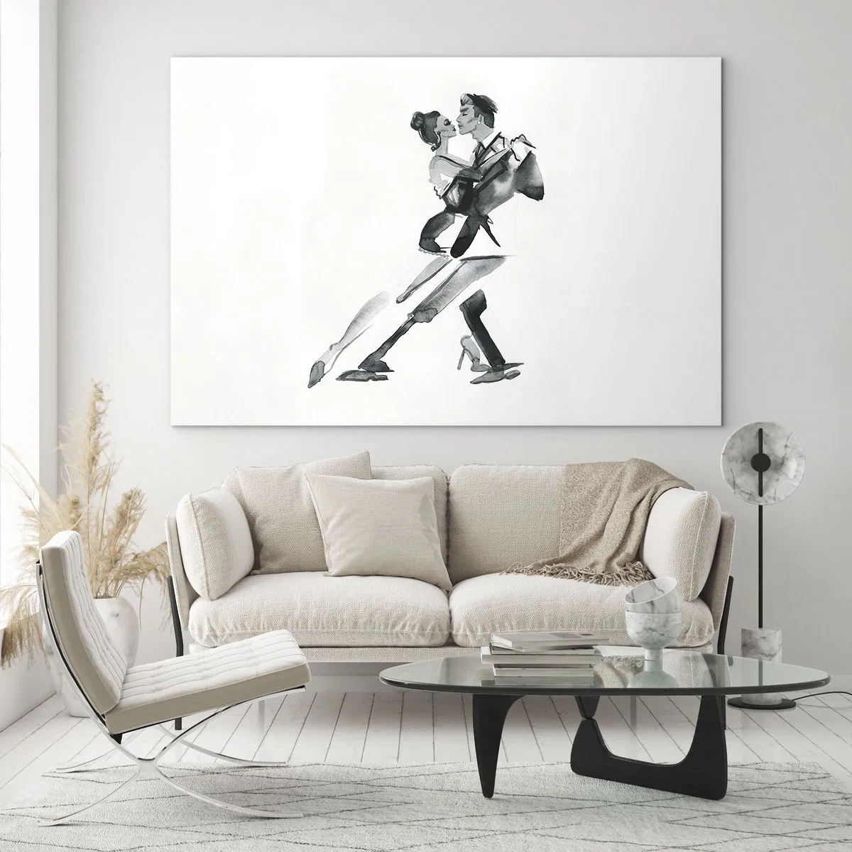 Schilderen op glas - Een paar dat de tango danst in zwart-witte aquarel - 70x50cm - In één slag - Moderne wanddecoratie voor woonkamer en slaapkamer ARTTOR