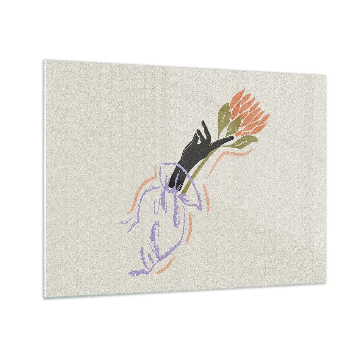 Schilderen op glas - Een gestileerde hand met een boeket bloemen, getekend met pastellijnen. - 70x50cm - Zusterlijke aanraking - Moderne wanddecoratie voor woonkamer en slaapkamer ARTTOR