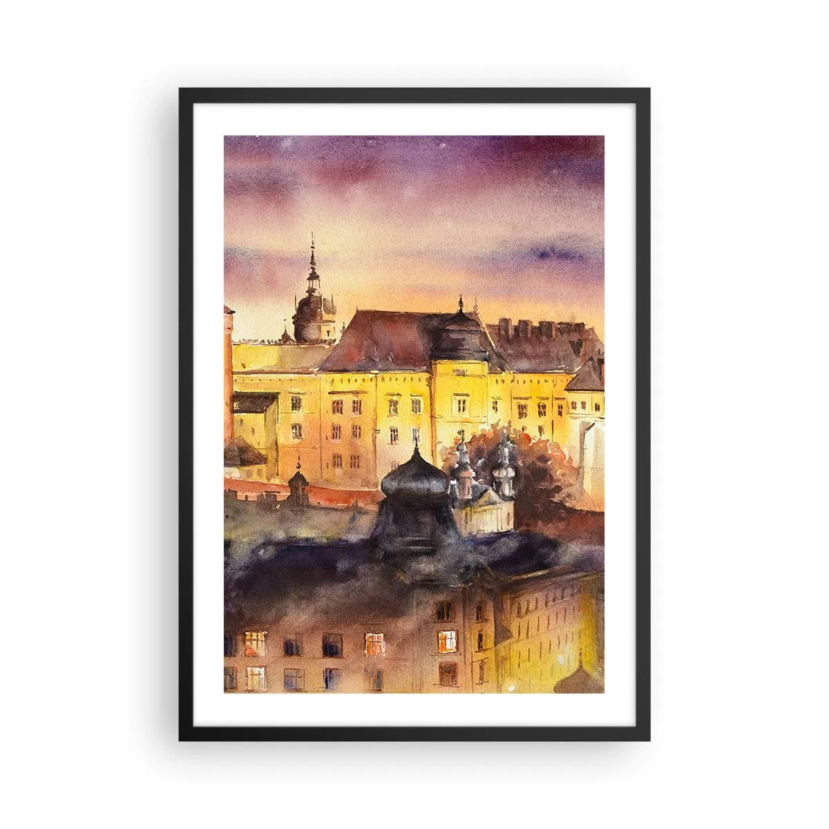 Poster in een zwarte lijst - Een schilderachtig uitzicht op de stad in het licht van de ondergaande zon - 50x70cm - Geschiedenis en sprookje - Moderne wanddecoratie voor woonkamer en slaapkamer ARTTOR