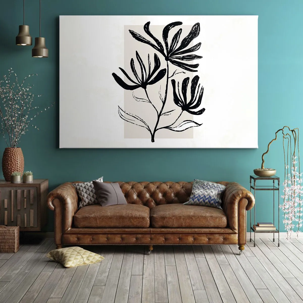 Schilderen op canvas - Minimalistisch zwart-wit bloemenmotief - 70x50cm - Schets voor het herbarium - Moderne wanddecoratie voor woonkamer en slaapkamer ARTTOR