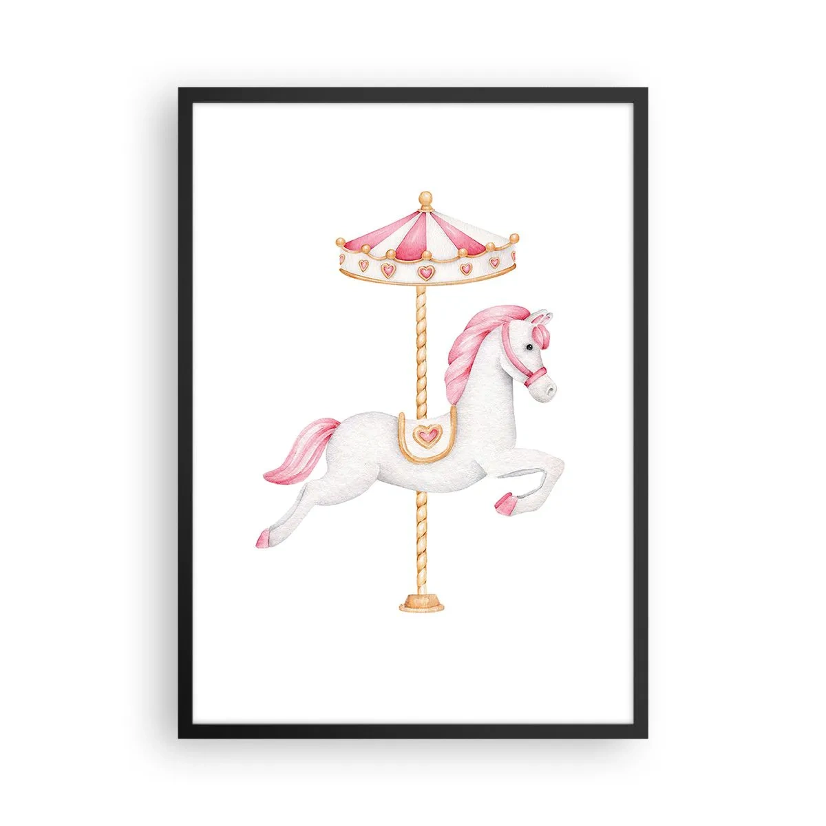 Poster in een zwarte lijst - Een charmant wit paard op een draaimolen in pastelkleuren - 50x70cm - Hij raakte de grond rennend - Moderne wanddecoratie voor woonkamer en slaapkamer ARTTOR