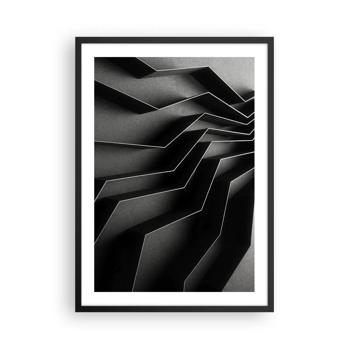 Poster in een zwarte lijst - Een zwart-witcompositie van geometrische, ruimtelijke structuren - 50x70cm - Ruimtelijke orde - Moderne wanddecoratie voor woonkamer en slaapkamer ARTTOR