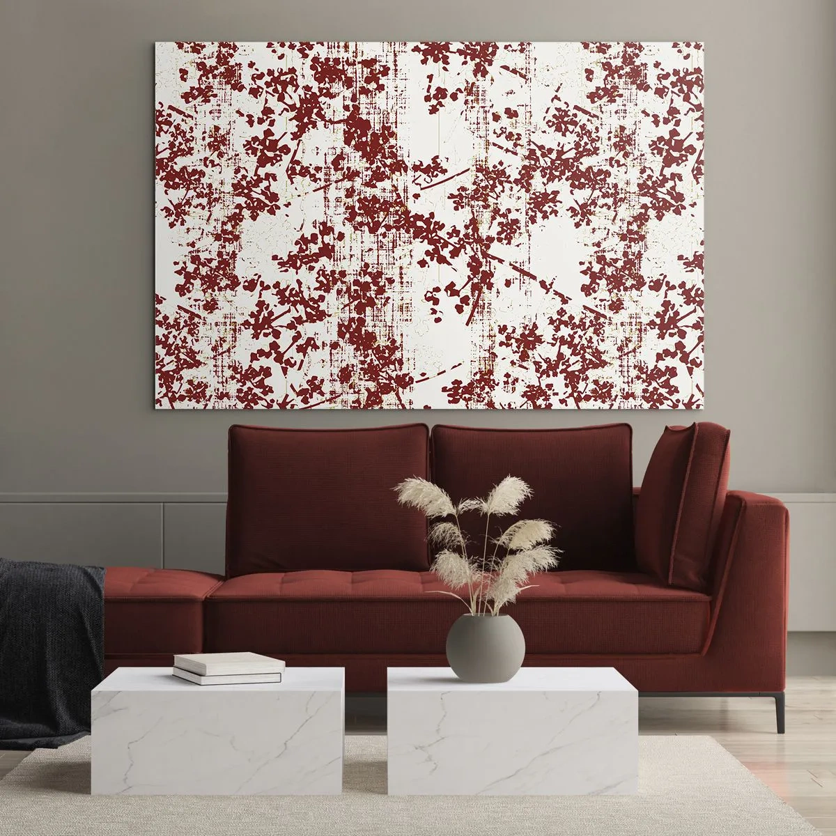 Schilderen op glas - Een bloemenpatroon in rood op een lichte, verweerde achtergrond - 70x50cm - Zoals oud calico - Moderne wanddecoratie voor woonkamer en slaapkamer ARTTOR